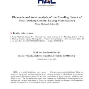 خرید و دانلود نسخه کامل کتاب Phonemic and tonal analysis of the Pianding dialect of Naxi (Dadong County, Lijiang Municipality)