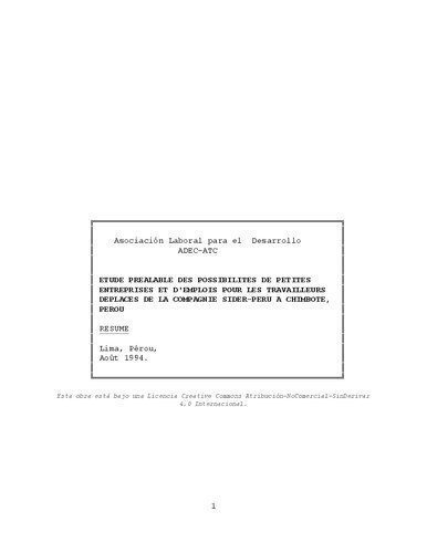 خرید و دانلود نسخه کامل کتاب Étude prealable des possibilités de petites entreprises et d’emplois pour les travailleurs deplacés de la Compagnie Sider-Peru à Chimbote, Pérou_68f83fc65d851.jpeg خرید و دانلود نسخه کامل کتاب Étude prealable des possibilités de petites entreprises et d’emplois pour les travailleurs deplacés de la Compagnie Sider-Peru à Chimbote, Pérou