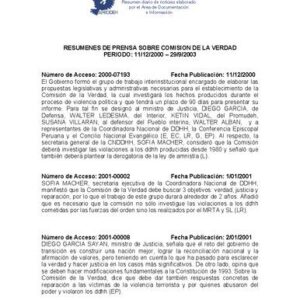 خرید و دانلود نسخه کامل کتاب Resúmenes de prensa sobre Comisión de la Verdad. Periodo: 11/12/2000 – 29/9/2003
