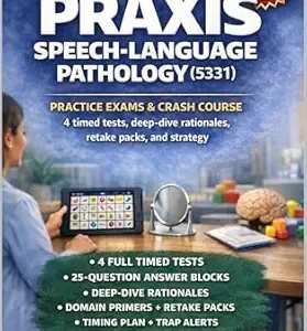 خرید و دانلود نسخه کامل کتاب PRAXIS SPEECH-LANGUAGE PATHOLOGY (5331) PRACTICE EXAMS AND CRASH COURSE: Full-Scope 5331 Simulation with Test Strategy, Blueprint Alignment, Retake Packs, and Domain-Specific Rationales